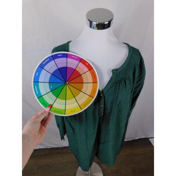 Dressbarn Shirt Womens 3X Green Smocked Henley Peasant Boho Rayon Long Sleeve - Picture 9 of 12